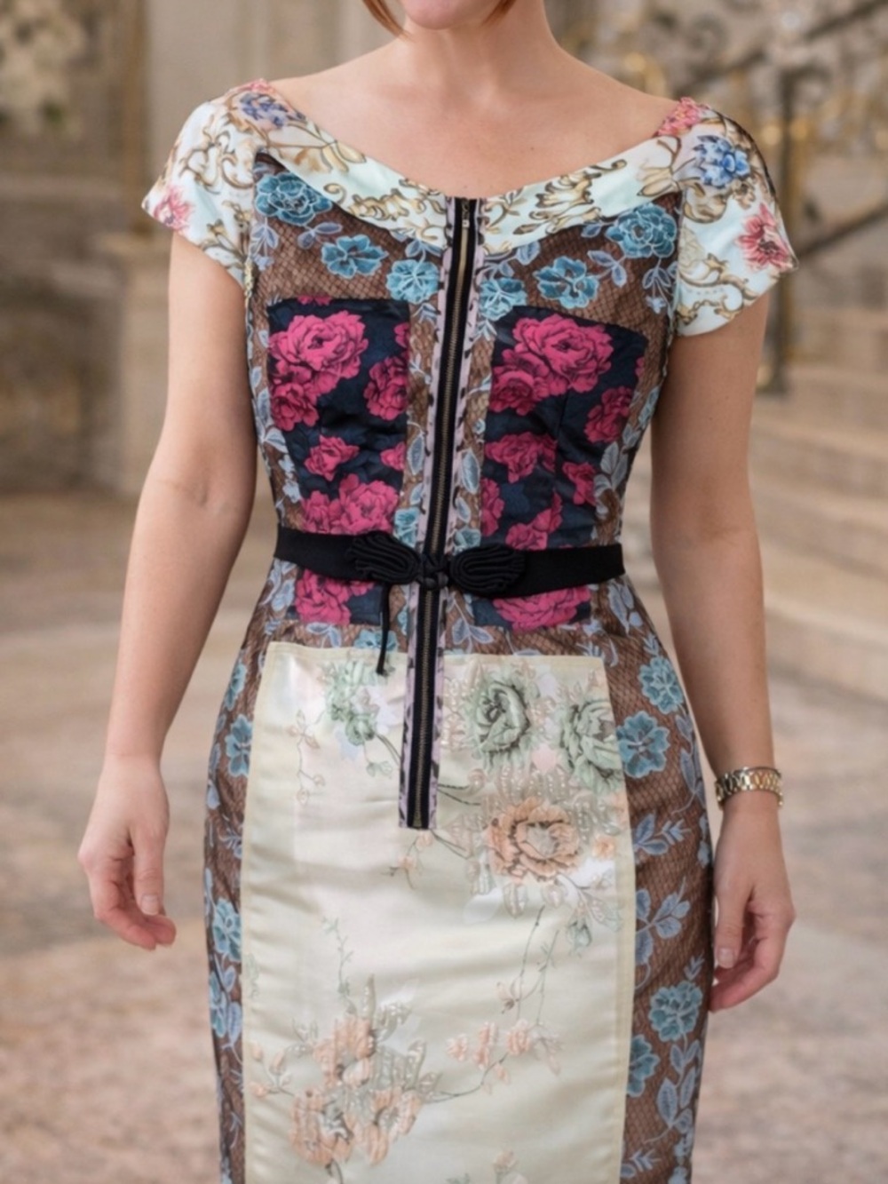 Anthropologie Floral Patchwork Midi Dress in Blue, Pink & Cream - Picture 3 of 9
